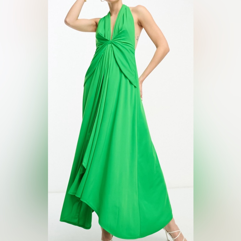 Deep Plunge Sash Midi Dress in Green